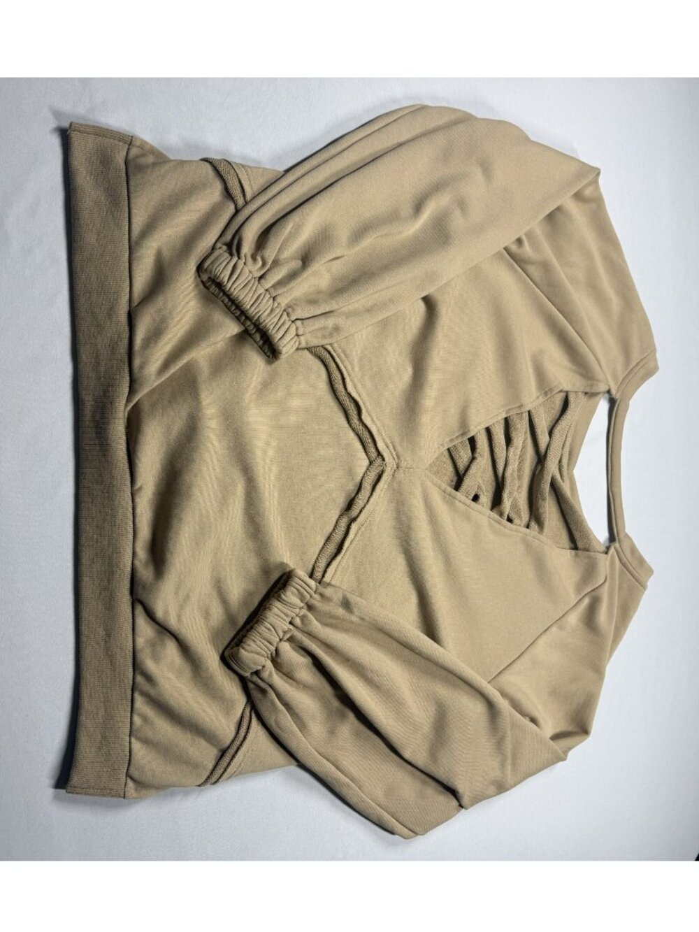 POL TKT622 Criss Cross Open Back French Terry Sweatshirt Tan L - Picture 7 of 13